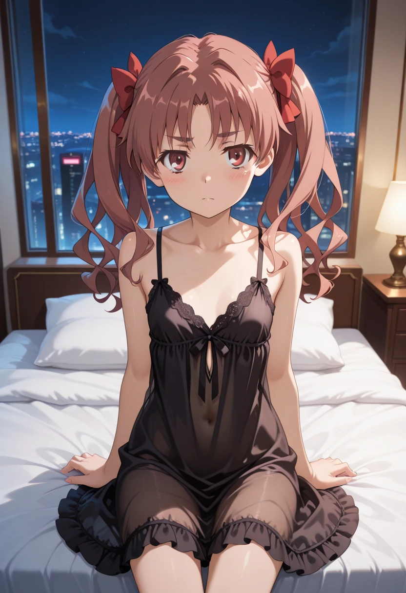 <lora:shirai_kuroko_v3-000003:0.8>, masterpiece, best quality, shirai_kuroko, twintails, solo, closed mouth, blush, smile, open_clothes,medium breasts, bra, barefoot, bed, indoors, sitting, underwear, backlighting
