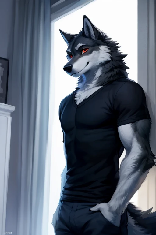 , ((( hands up to chest, (( showing off his new collar and leash to viewer,rampage wearing a collar with a leash on it and in viewers face),((Atlas a white Wolf with blue eyes and blue nose and black hair )) , on his bed looking at the viewer with a very romantic look and pose))) , big chest , day, , sensual, detailed, uploaded to e621, beautiful and detailed portrait of an anthropomorphic , (((male))) uploaded to e621, zaush, foxovh, movie lighting, thicc, alone, detailed, 8k res, hires, detailed eyes, good anatomy, good perspective, towards viewer, by bebebebebe, by sicklyhypnos, by gerkk, by orf, nice hands, perfect hands, happy, romantic, ray tracing lighting, rtx on, By Bebebebebe, by SpiritD, by KOBITOWANI, b est quality, masterpiece, perfect anatomy, detai led picture)), 1femboy, , sexy body, fluffy tail, shy, horny, romantic, up close, wearing not a single bit of clothing, huge thighs,