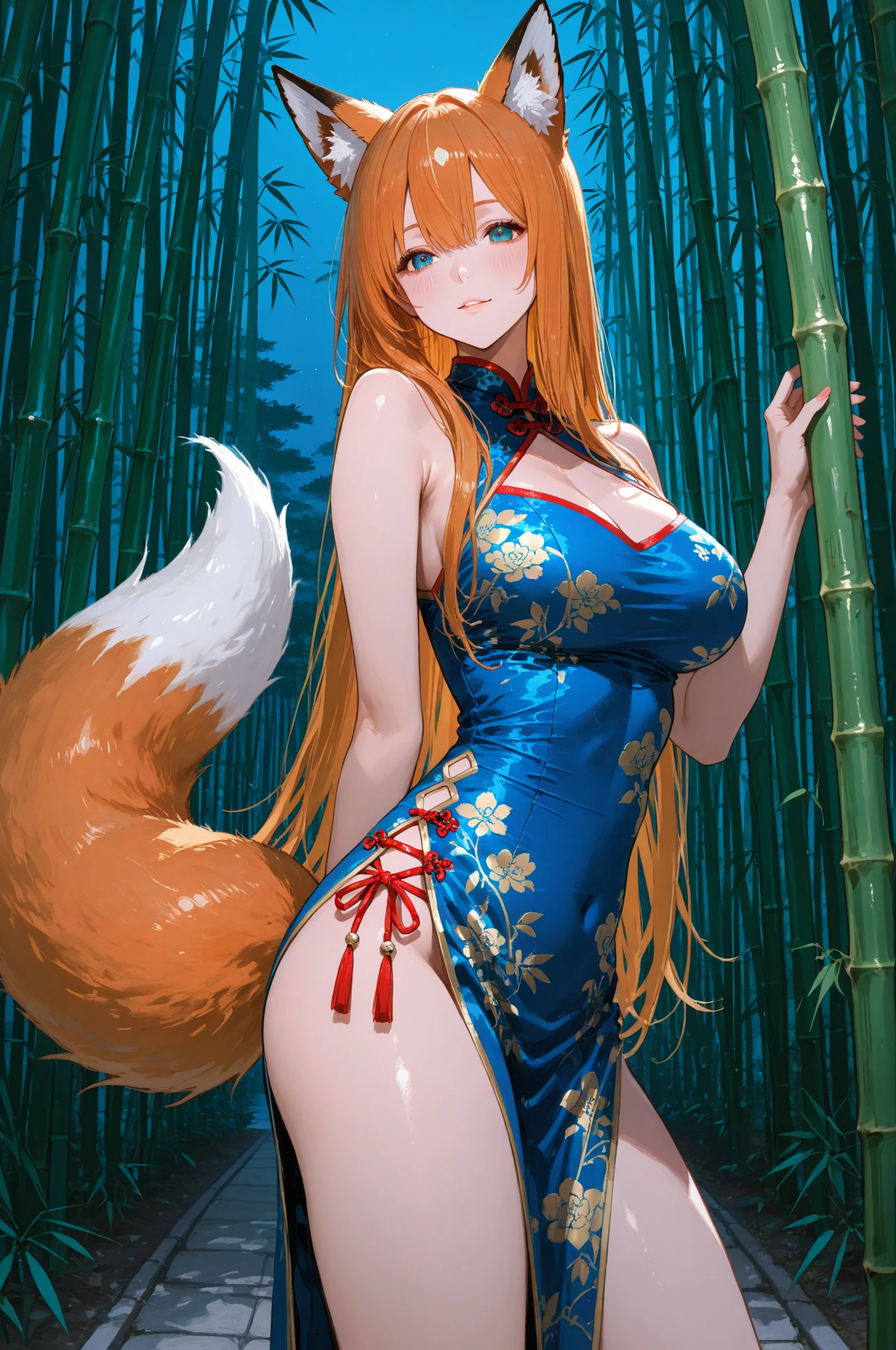 (Masterpiece: 1.5), (Best Quality: 1.5), Perfect Eyes, Perfect Face, Volumetric Lighting, 1 Woman, Mature Woman, (Whiteness: 5), fox ears, fox tail, orange hair, green eyes, massive breasts, massive cleavage, Japanese priestess, Japanese dress, barefoot, seductive smile, water, temple, sexy, wet clothes, wet skin, thick tights,