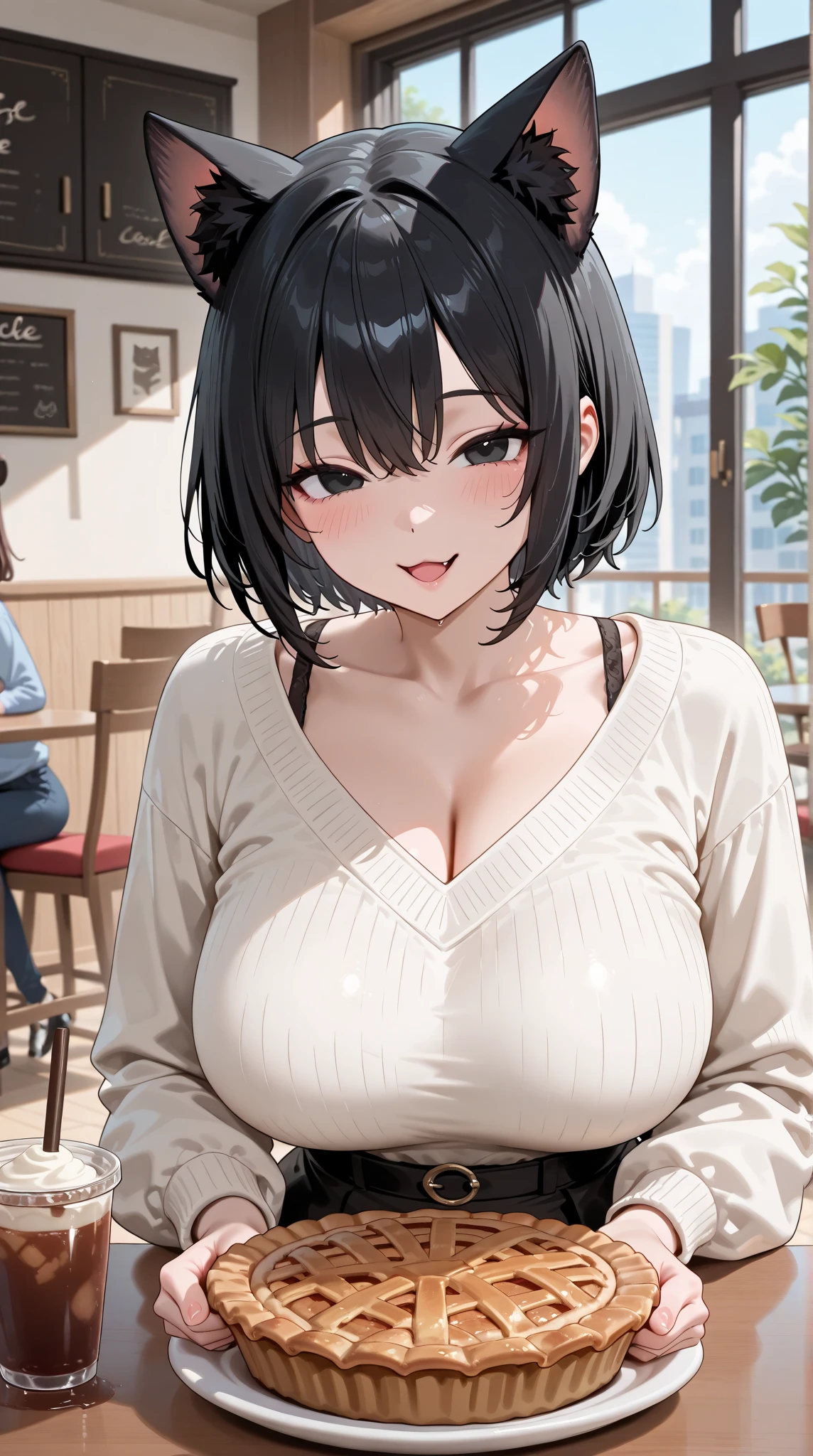 ((Highest quality)), ((masterpiece)), (detailed), One person,Age 25,(Black knit sweater),(mini skirt),Shoulder Bare,Big Breasts,blush,Underbust,(Her cleavage is visible),(Excited expression),(Seduce),night,indoor,What&#39;s left behind,nightのWhat&#39;s left behind,Dim lighting,(In a dimly lit room),(In a messy room),Browsing Caution,sexy,dirty,Sweat,(Black knee-high socks),