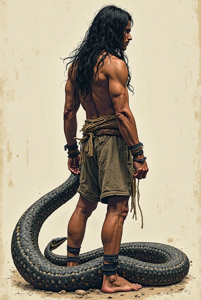 Medusa is a handsome Korean man, six pack, with a black snake body ((no legs)), a man with a half snake body ((waist down you see the body of a snake. Greek mythology background.