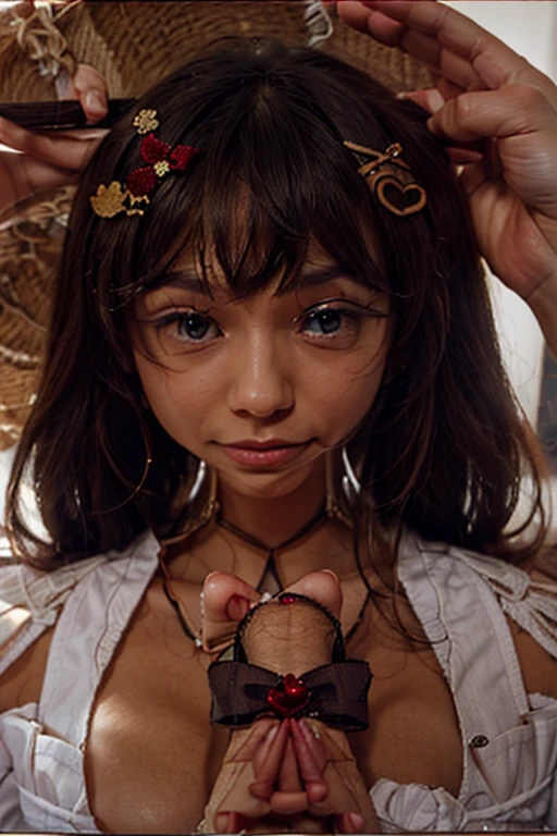 Tabletop, highest quality, shape, Very detailed, In detail, High resolution, 8k wallpaper, Perfect dynamic composition, ((close:1.3, From above, View your audience)), Beautiful details , (Wearing cotton maid clothes, , Cute Ruffle Girl Dress, Maid's headband, Base color is white、black、green),Twin tails,(( dark skin:1.8 ))