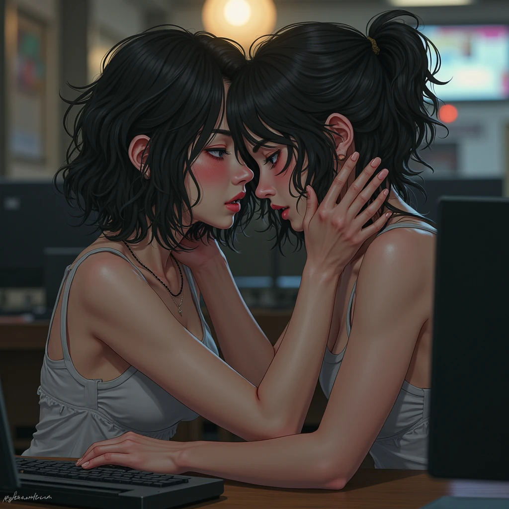 Create a photorealistic image of a young woman that resembles Andy Allo, using a VR headset while working as a customer service representative in a futuristic environment. She has short, black hair and warm skin tone. The woman is sitting at a stylish table with holographic interfaces around her, indicating that she is deeply focused on her tasks. Your posture and facial expression, visible under the earpiece, shows intense concentration. The background includes a high-tech office with large windows displaying a futuristic city. The atmosphere should convey a sense of immersion and focus., with VR technology enhancing your work environment.
