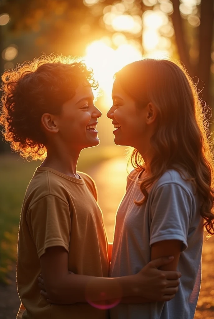 Two teenagers, a curly girl and a curly boy very happy as a perfect couple