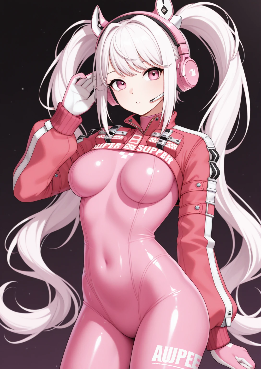 score_9, score_8_up, score_7_up, source_anime BREAK 1girl, solo,<lora:alice-nikke-richy-v1_pdxl:1> alicedef, twintails, very long hair, grey hair, fake animal ears, headset, pink eyes, pink bodysuit, shrug \(clothing\), multicolored gloves, latex
