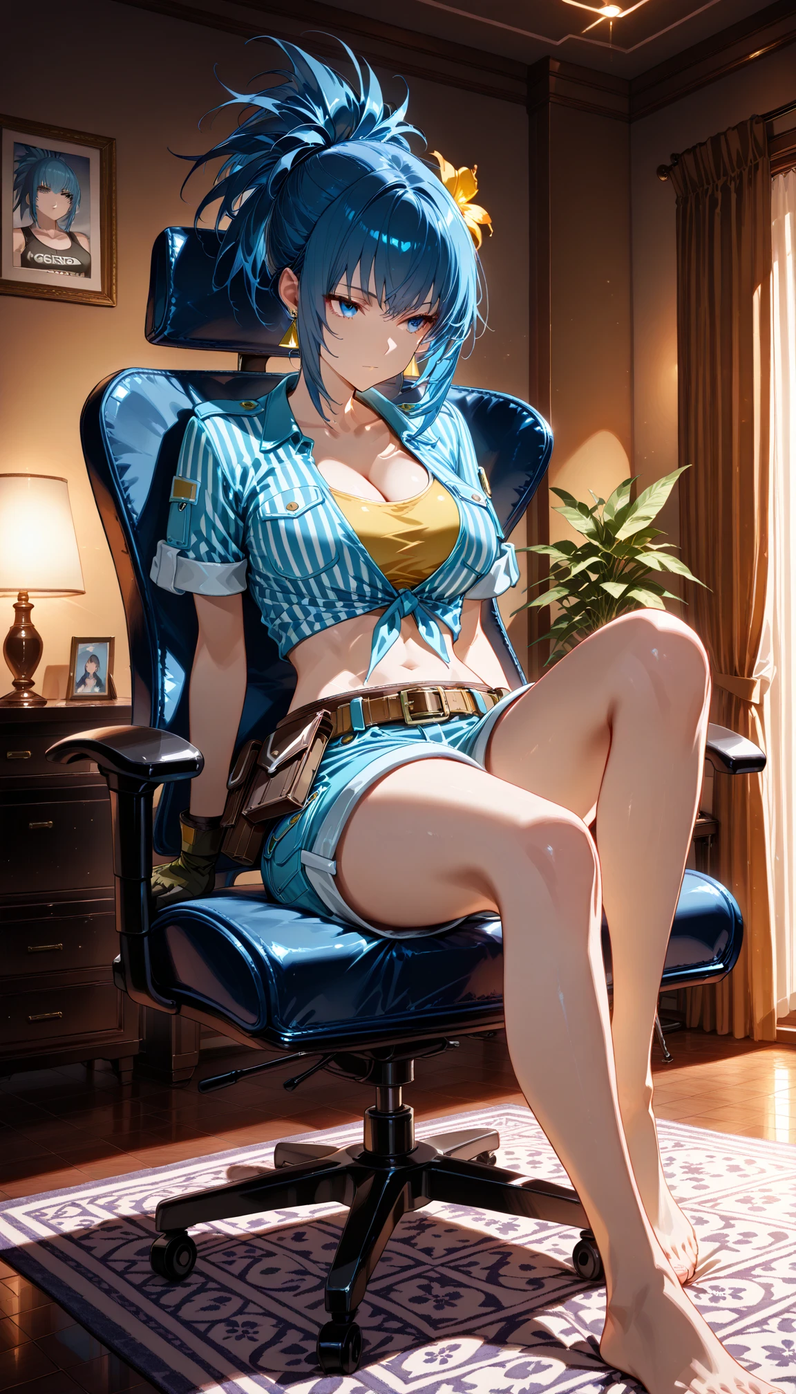 (Prominence in Masterpiece, Best Quality: 1.2), solo, 1 girl,aqua, serious, mouth closed, looking at viewer, hand on face, sitting, legs crossed, collared shirt, tie up, skirt, stockings , big thighs, big breasts,blue  hair)