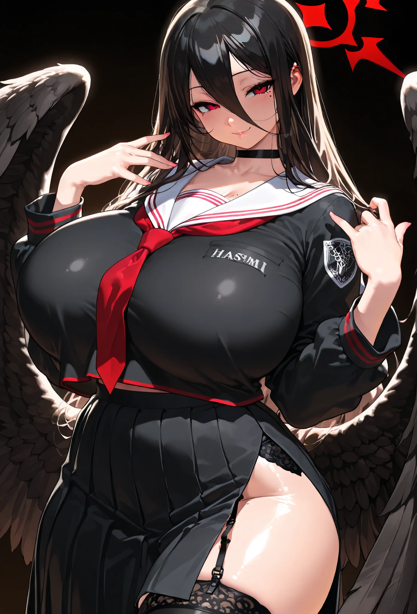masterpiece, Boku no Hero Academia, Highres, Solo, Yaoyorozu Momo, lustful face, , big breasts, wide hips, tail, , suit and tie, white dress shirt, floating breasts, facing the camera directly, facing forward, nipple bulge, covered nipples, huge tall shirt collar, formal shirt collar, tall collar, high collar