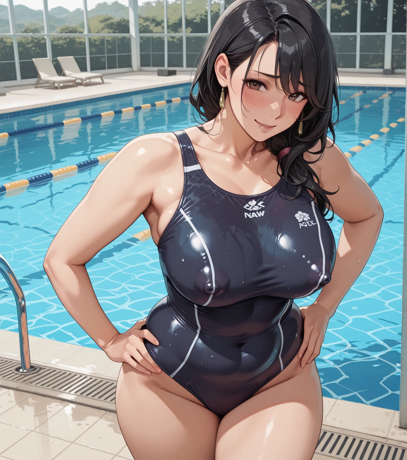 1girl, large breasts, wide hips, thick thighs, brown hair, ponytail, yellow eyes, smirk, smug, smile, one-piece swimsuit, competition swimsuit, black swimsuit, pool, sleeves, long sleeves, yellow trim, yellow line, bare legs, poolside