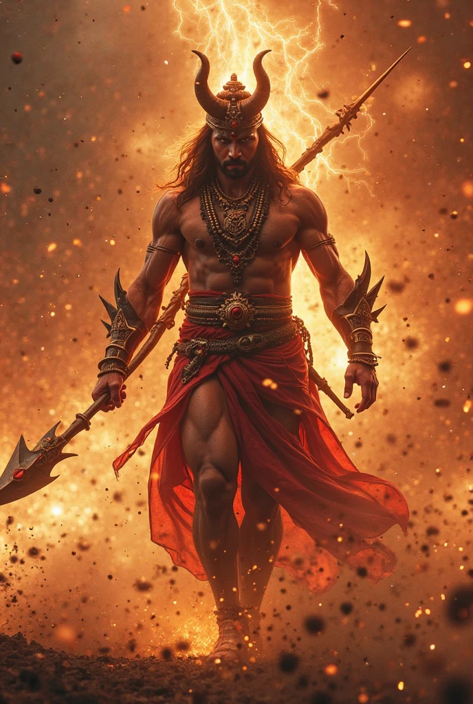 "Create an epic illustration featuring Kalki, the prophesied tenth avatar of Vishnu, at the center. Kalki is depicted as a majestic figure with a radiant, glowing body and a handsome, dark complexion. He is wearing divine, shining garments that reflect his supreme status and divinity. Kalki rides a magnificent white horse named Devadatta, holding a gleaming, celestial sword in his hand, symbolizing justice and power.

Surrounding Kalki are his principal warriors and divine allies:

1. **Hanumanji**: The devoted monkey god, Hanuman, stands strong and powerful with his characteristic mace, ready to assist Kalki. His form is muscular and exudes immense strength and loyalty.
   
2. **Raja Bali**: The noble and wise king Bali, depicted with regal attire and a calm, composed expression, represents his ancient wisdom and leadership.

3. **Ashwatthama**: The formidable warrior from the Mahabharata, Ashwatthama, is shown with his iconic gem on his forehead, symbolizing his immortality and unyielding strength.

4. **Parshuram**: The sixth avatar of Vishnu, Parshuram, appears as a fierce and austere figure with a battle-axe in his hand, embodying the spirit of righteous warfare.

5. **Veda Vyasa**: The great sage and author of the Mahabharata, Veda Vyasa, is shown with a wise and serene demeanor, holding ancient scriptures, symbolizing his immense knowledge and spiritual authority.

6. **Kripacharya**: The revered warrior and teacher from the Mahabharata, Kripacharya, is depicted with a noble and stern expression, ready to guide and protect.

7. **Vibhishan**: The righteous brother of Ravana, Vibhishan, stands with a calm and virtuous aura, representing justice and devotion.

The background is a dramatic battlefield with dark clouds and lightning, signifying the epic battle between good and evil. Divine light emanates from Kalki and his allies, contrasting with the ominous surroundings, highlighting their divine mission to restore Dharma.