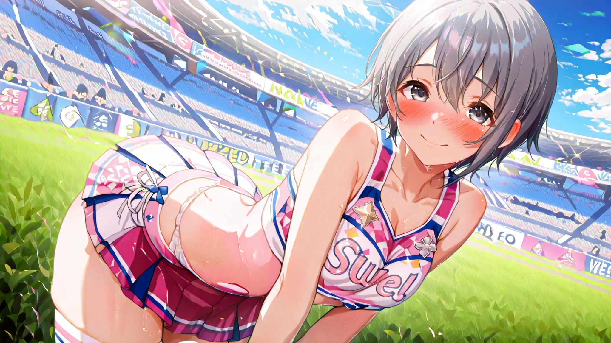 NSFW,masterpiece,Highest quality,High resolution,Very detailed,white\(no game No life\),Long Hair,Multicolored Hair,Hair between the eyes,Gradient Hair,Yellow Eyes,Small breasts,ponytail,(Cheerleader),See-through,Tank top,Crop top,Micro Mini Skirt,Groin,open crotch lace panties,Knee-high socks,Thigh straps,sports boots,baseball Ground,Audience seats,fence,Frustrated face,blush,Sticking out tongue,Sweat,sexual excitement,(Ecstasy face),(Squirting),(orgasm),Trembling,Are standing,Leg spread,From below,(Remote Control Vibrator)