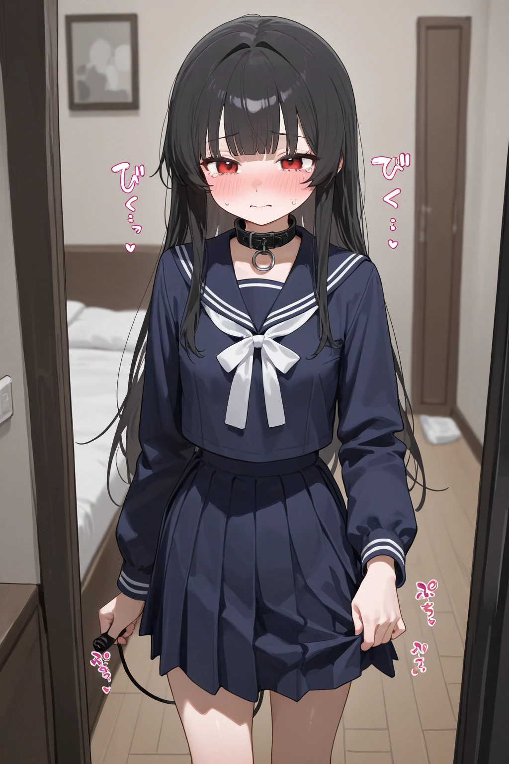 (Original Character,8k, Masterpiece, Best Quality,Detailed, Beautiful Detailed Eyes, solo),((1loli girl,4 years old)),small,white outfit,black hair,long hair,(((hair 2antenna))),black eyes,black sclera,twintails,loli,solo,cute,(inside a house hiding),shy,blush,