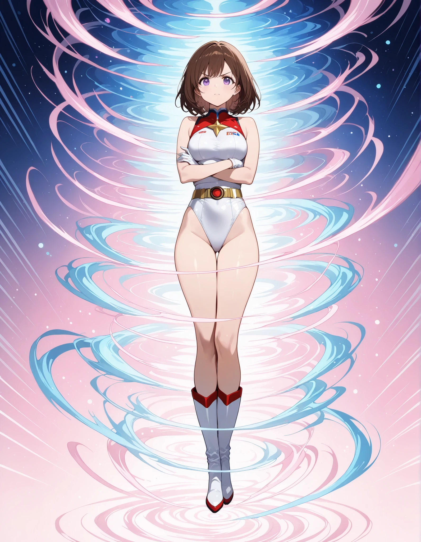 masterpiece, best quality, hyper detailed, ultra detailed, 1girl, medium breasts, ((leotard, white and red leotard, bare legs, tight belt, gold belt)), boots, matching boots, ankle boots, white boots, gloves, white gloves, solo, single, hands on hip, standing straight, full body shot, cowboy shot, superhero, beautiful detailed eyes, mature lady, ((gold star symbol on chest)), brown hair, short hair, bob hair, purple eyes, sleeveless, perfect anatomy, spread arms, spinning, spins fast in place like a tornado, twirling in place, tornado spinning, rapid gyration, space backdrop, motion blur, speed lines, spiral lines,  tornado, time warp, spinning energy pulse, light particles, spinning energy pulse, light particles. serious