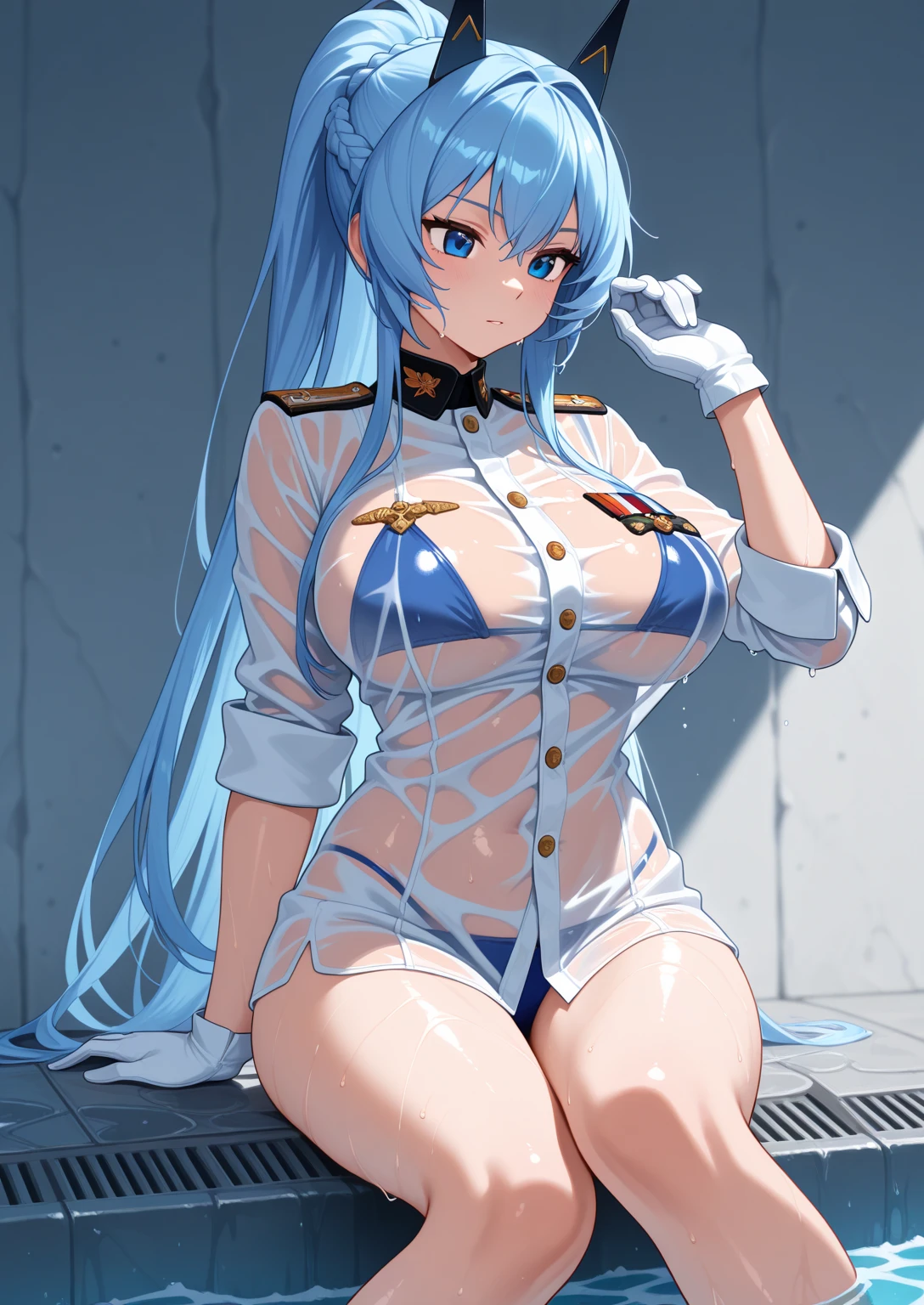 score_9, score_8_up, score_7_up, source_anime BREAK 1girl, solo, <lora:helm-nikke-richy-v1_pdxl:1> helmswim, blue hair, long hair, ponytail, braid, headgear, blue eyes, see-through, bikini under clothes, blue bikini, military shirt, bare legs, military shirt, wet, large breasts, looking at viewer, blush, shy, embarrassed