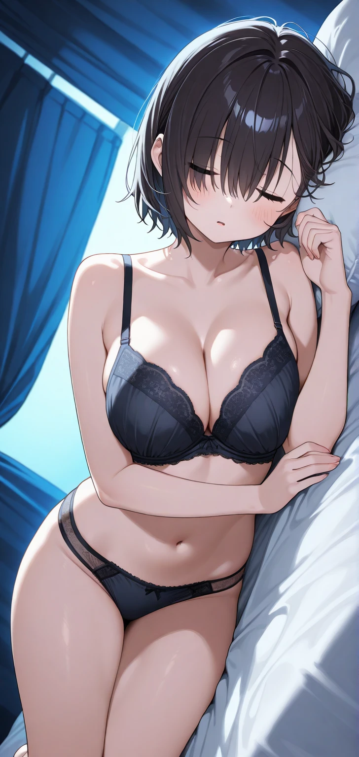Masterpiece, Top Quality, High Resolution, Beautiful Girl 1, Solo, Big, Indoors, See-through, Misaligned Bra, Supine Lying, Hands Folded Back, Hotel, Rough Breath, Sexual Expression, Pubic Hair, Areola, Blush, Hide Face with Hands, Close Eyes, Upper Body Only Up, Nude, Spread Your Legs, Crotch Up, Braid, Short Hair, Choker, Shy, Sister, Dramatic Writing, clenched teeth, black hair, crawling on all fours, pubic hair visible, clenching teeth, sweaty, wet, back style, beautiful ass