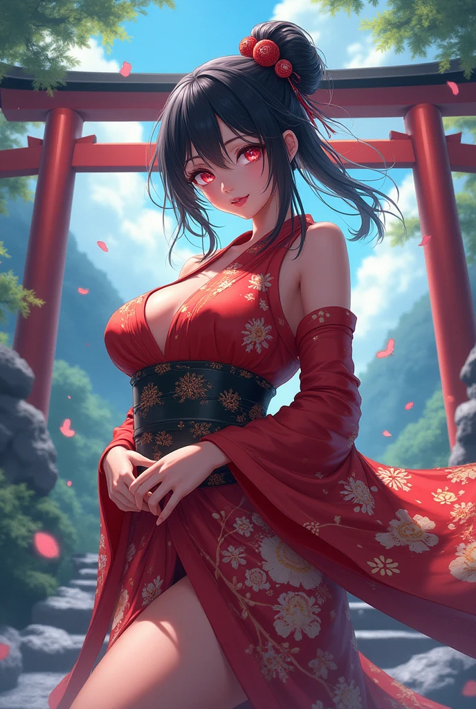 (in woods:1), ((in the mountains of japan:1))、((on a tree))、sexy female crow tengu、Japanese traditional UMA tengu, sexy japanese monk costume, Sexy brown skin, Nice sexy body、tanned healthy sexy skin、One lady、Red hair ornament、((Black Japanese style sexy costume:1))、with the crow
