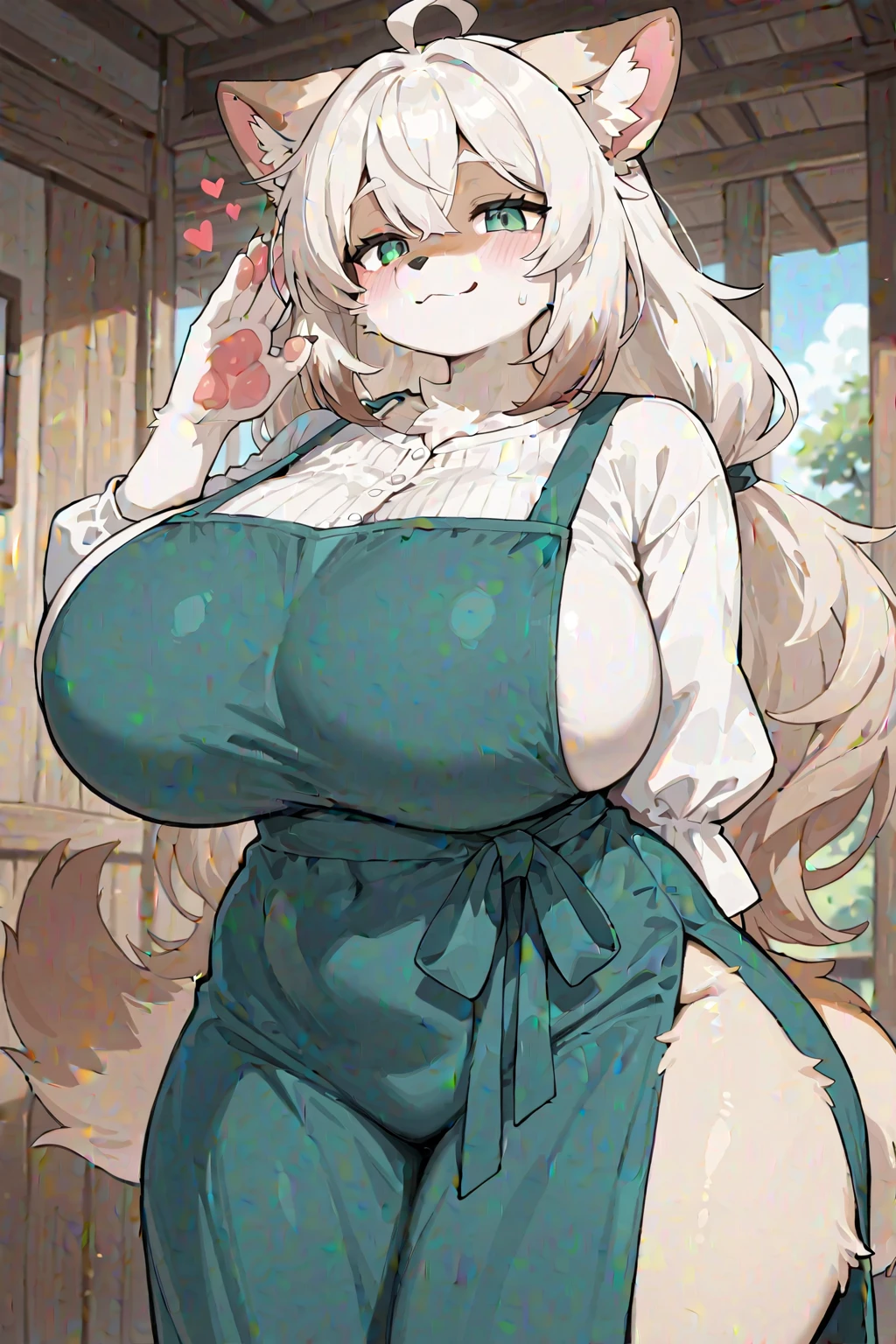 best quality, best resolution, solo, (fluffy anthro furry), arctic fox adult, 30 years old, grown, silver hair, long straight hair, blue eyes, (white fur), big breast, sophisticated manner, (wearing nothing but a green apron, nametag, hair tied in ponytail), coffee shop, embarrassed, suggestive eyes