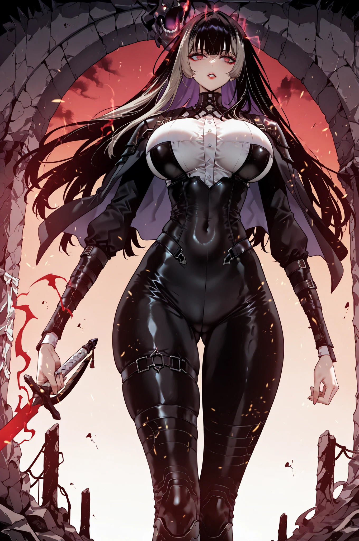 stomp、stompる、soloプレイ、solo、only one person、taken from below、caveの中、Hunter、Ruins、Attach a、black suit、Attach a、sword、Japanese sword、black longsuit、 black long jacket、ゴスロリなshirt、Depressed、Tall Woman、A woman in her thirties、 Alassah's woman、Steins;Gate、 black longsuit 、score_9, score_8_up, score_7_up, Source_anime,masterpiece、No expression、no makeup、top quality,beautifully detailed eyes in a logistics warehouse, Exquisite Eyes、A sophisticated eye、highly detailed eyes and faces on the back,unmotivated expression、lethargic face、 long breasts, Black Jacketを羽織る、Black Jacket、shirt, big saggy breasts, shockingly big breasts, big breasts,big boobs、boobs 、Zitoida, makeup、no makeup、long hair、smooth straight hair、black slacks、tall woman、Tall Woman、plump thighs, parted lips、 shining eyes,(Fire Aura Onkown),dungeon内、Crimson Eyes、long hair、dark haired、黒い髪、long straight hair、dungeon、cave、Ruins、solo、swordを持っている、soloプレイヤー、red aura、 Crimson Aura 、zone、sword、大sword、Japanese sword、Sword、ゴツいsword、厳ついsword、Buster Sword、大Sword、Wide ass、beautiful butt、I will stick my butt to the focus of my butt、long boots、Shoulder Armor、Fearless Laugh、strong、Is confident、suit pants、黒いlong pants、Black Skinny、long pants、Dynamic、Satu、fight、Satu狂、sexual impulses and、bangs、quick bangs、princess cut、モンスターをstompる、low angle、stomp、Black Skinny、Stomp monsters