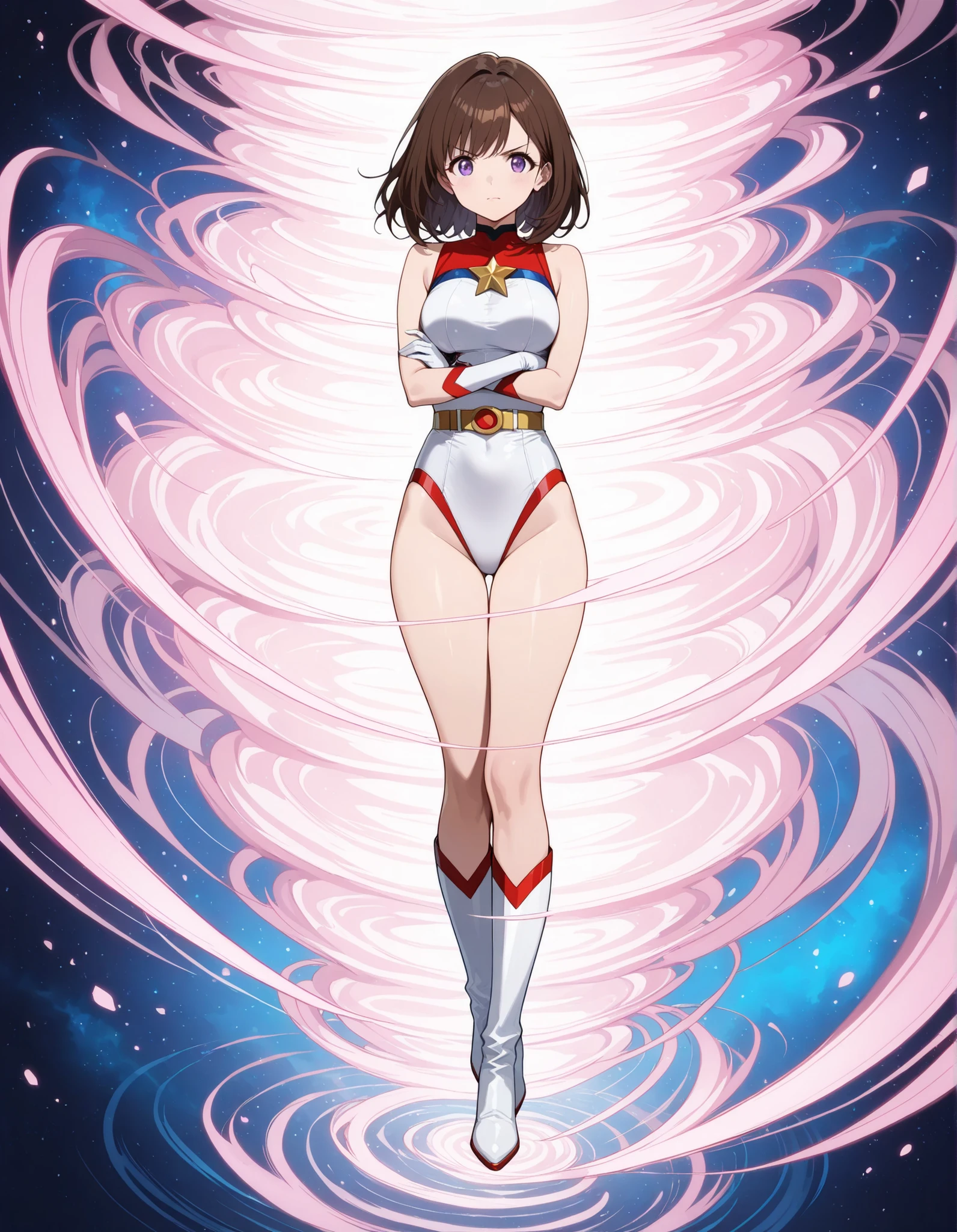 ((masterpiece)). ((best quality)), ((highres)), 1girl, solo, short hair, brown hair, purple eyes, (full body), standing, hands on hip, (sleeveless white and red leotard with yellow accents and star emblem embedded in chest area), (matching white gloves), ((bare legs)), superhero, tokyo city backdrop, matching boots, medium breasts, 20 age,