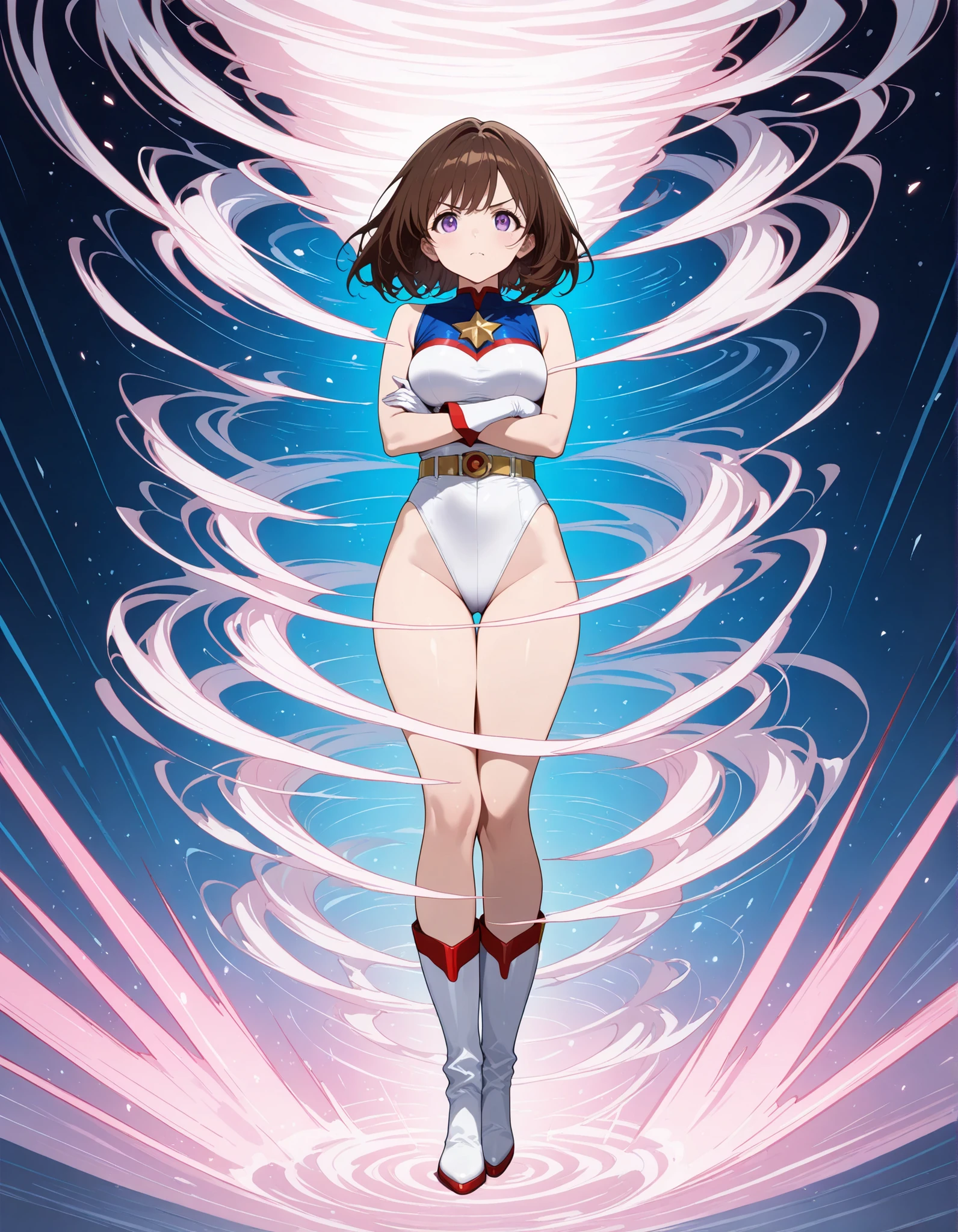 (((pixel-perfect, detail-perfect))), watanabe you, 1girl, leotard, spinning, time travel, super power, superhero, tornado, super tornado, whirlwind, twirling, super speed, bare legs, anime, super spin, standing straight, detailed, boots, gloves, rapid gyration, smile
