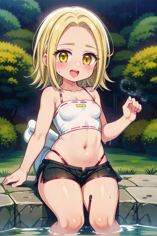 masterpiece, Highest quality, shape, City Street, One Girl, Mordred \(destiny\), Cowboy Shot, clavicle, Detailed blonde hair ponytail braid, Green Eyes, White short blouse, Denim shorts,belly button,Up to the thighs,Grin, Covered_Pussy,skin,Beautiful legs,Beautiful Hands,Please stretch your legs and rest.,