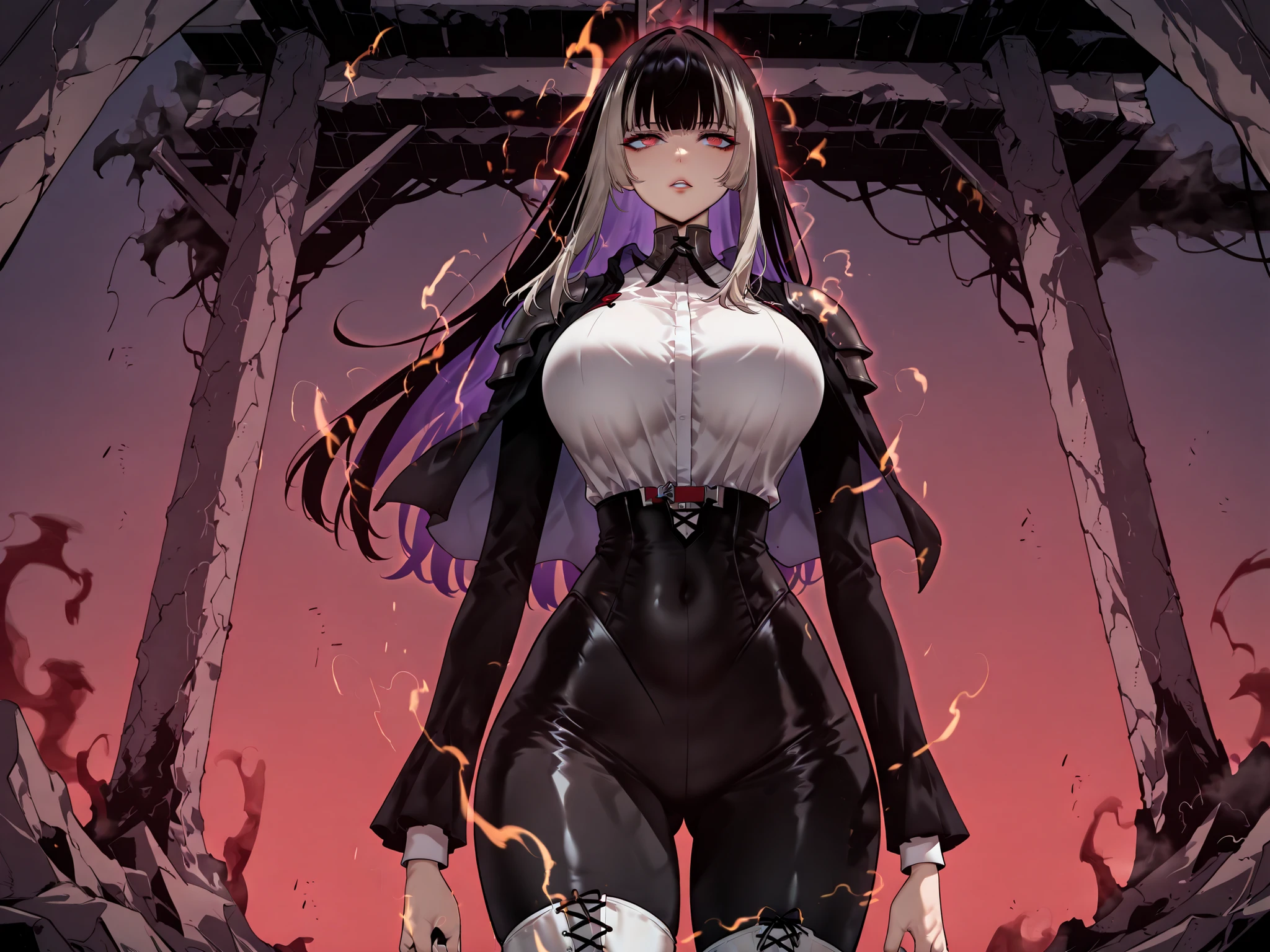 stomp、stompる、soloプレイ、solo、only one person、taken from below、caveの中、Hunter、Ruins、Attach a、black suit、Attach a、sword、Japanese sword、black longsuit、 black long jacket、ゴスロリなshirt、Depressed、Tall Woman、A woman in her thirties、 Alassah's woman、Steins;Gate、 black longsuit 、score_9, score_8_up, score_7_up, Source_anime,masterpiece、No expression、no makeup、top quality,beautifully detailed eyes in a logistics warehouse, Exquisite Eyes、A sophisticated eye、highly detailed eyes and faces on the back,unmotivated expression、lethargic face、 long breasts, Black Jacketを羽織る、Black Jacket、shirt, big saggy breasts, shockingly big breasts, big breasts,big boobs、boobs 、Zitoida, makeup、no makeup、long hair、smooth straight hair、black slacks、tall woman、Tall Woman、plump thighs, parted lips、 shining eyes,(Fire Aura Onkown),dungeon内、Crimson Eyes、long hair、dark haired、黒い髪、long straight hair、dungeon、cave、Ruins、solo、swordを持っている、soloプレイヤー、red aura、 Crimson Aura 、zone、sword、大sword、Japanese sword、Sword、ゴツいsword、厳ついsword、Buster Sword、大Sword、Wide ass、beautiful butt、I will stick my butt to the focus of my butt、long boots、Shoulder Armor、Fearless Laugh、strong、Is confident、suit pants、黒いlong pants、Black Skinny、long pants、Dynamic、Satu、fight、Satu狂、sexual impulses and、bangs、quick bangs、princess cut、モンスターをstompる、low angle、stomp、Black Skinny、Stomp monsters