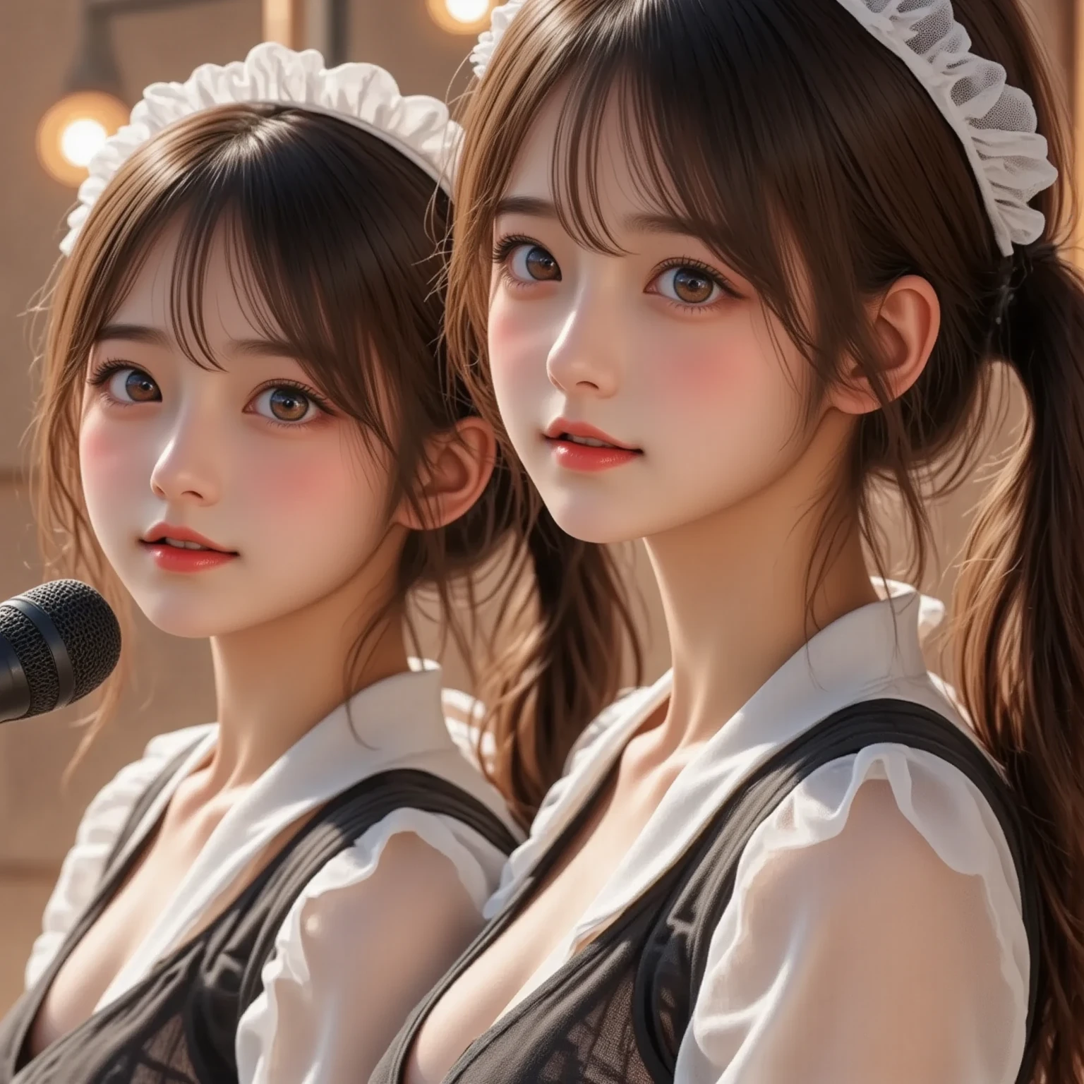 (two girls of the same age, symmetry :1.2) , couple focus, japanese girl, Rear view ,look at each other, (backless dress), standing next to each other , Upper body, twin tails, hair scrunchie, , (high color saturation:1.2), (low contrast:1.1), (high color saturation:1.0), (very fine skin), (highest quality:1.0), (ultra high resolution:1.0) ,(photo-realistic:1.0), (super detailed:1.0), (8k, RAW photo:1.1),(See-through:1.2), (skirt lift:1.0)