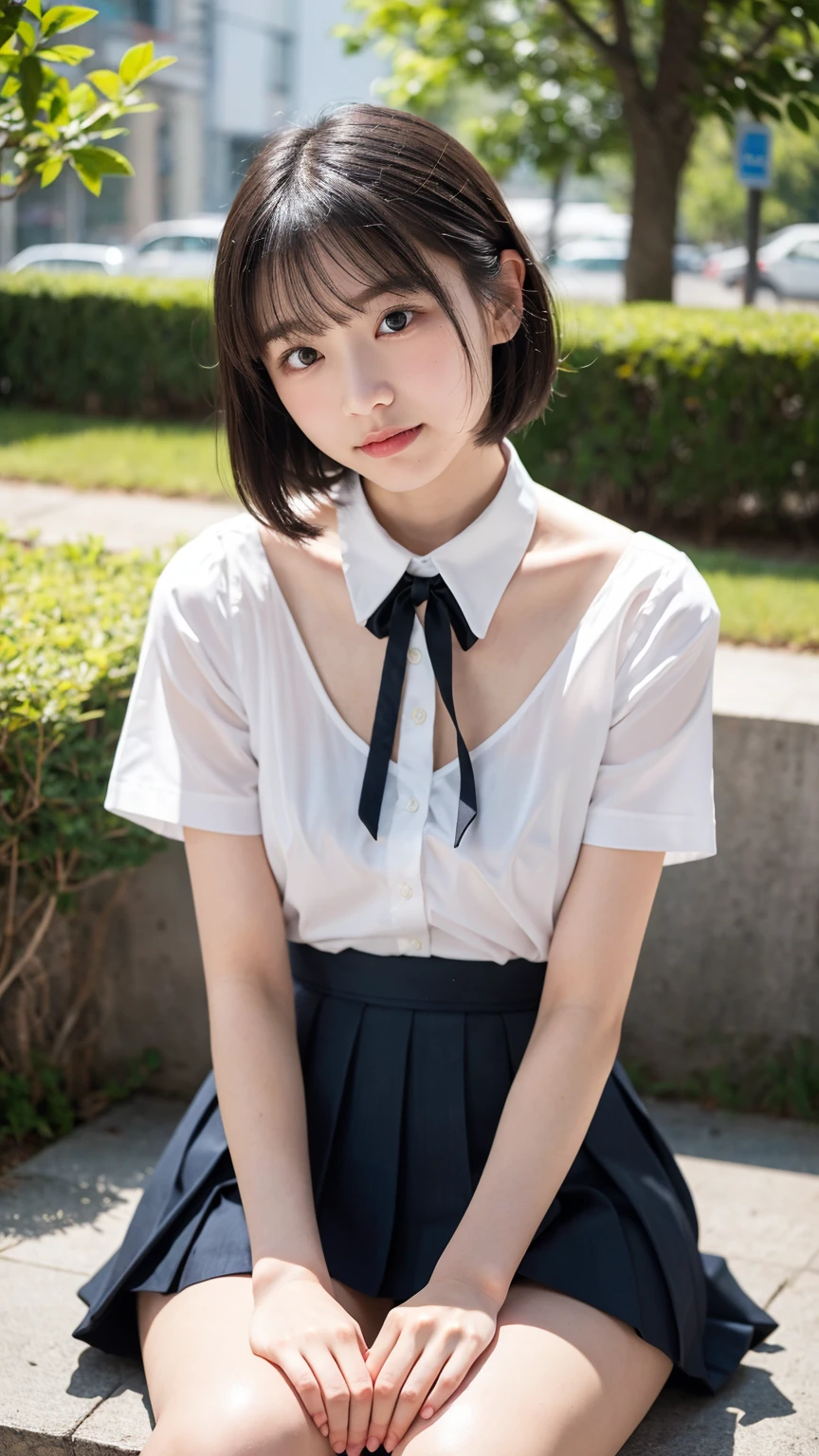 (8k, RAW photo, best quality, masterpiece:1.2), (realistic, photo-realistic:1.37), ultra-detailed, 1 girl,cute, solo,beautiful detailed sky,detailed cafe,night,sitting,dating,(nose blush),(smile:1.1),(closed mouth), medium breasts,beautiful detailed eyes,(collared shirt:1.1), bowtie,pleated skirt,(short hair:1.2),floating hair