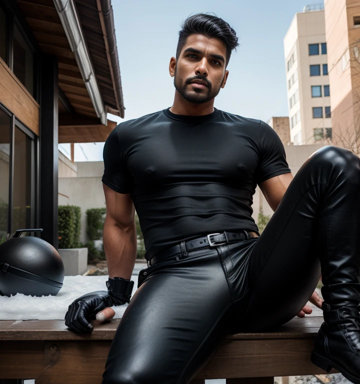 A SEXY MAN, ARABIC TYPE, AROUND 40 YEARS OLD with BLACK SHORT beard, shirtless, full body, wITH Black hair WEARING A LEATHER PANTS
