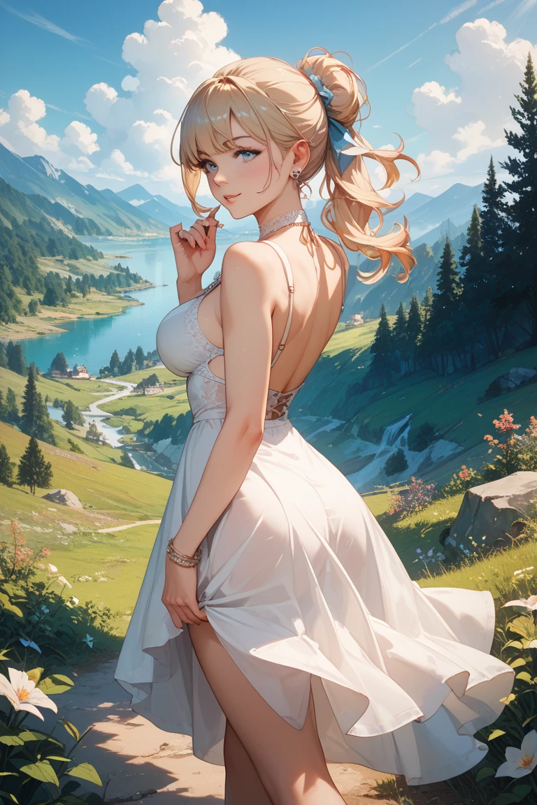 masterpiece ,Best quality, Beautiful woman with blond hair, flowers, Mountains, summer