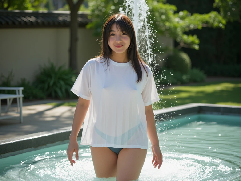 An extremely fat Japanese woman enters a hot spring in a T-shirt and her T-shirt is wet.4k, High resolution, masterpiece, highest quality