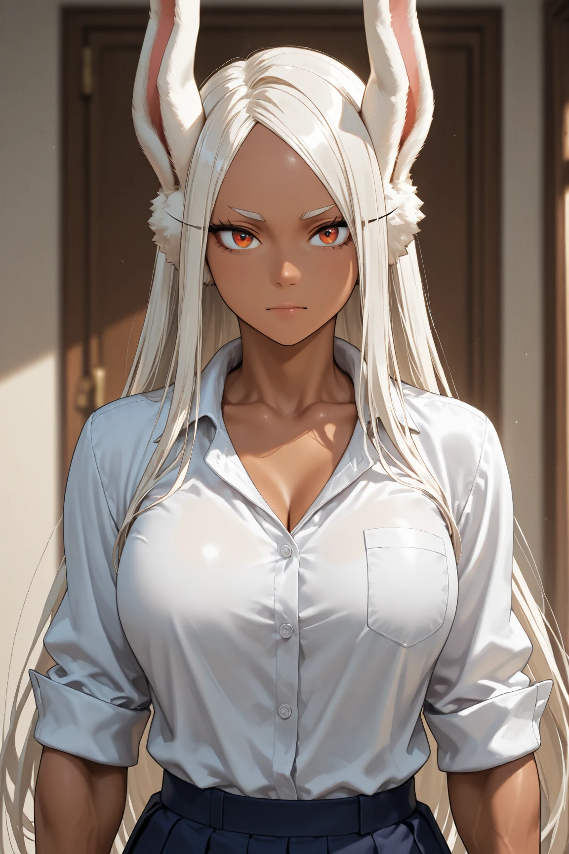 mirko mha, 1girl,solo,dark-skinned female, dark skin, large breasts, white shirt, belt , collarbone, collared shirt, formal, shirt tucked in, black pant,looking at viewer, white background, rabbit ears, rabbit girl, white hair, long hair, muscular female, red eyes, smile, happy