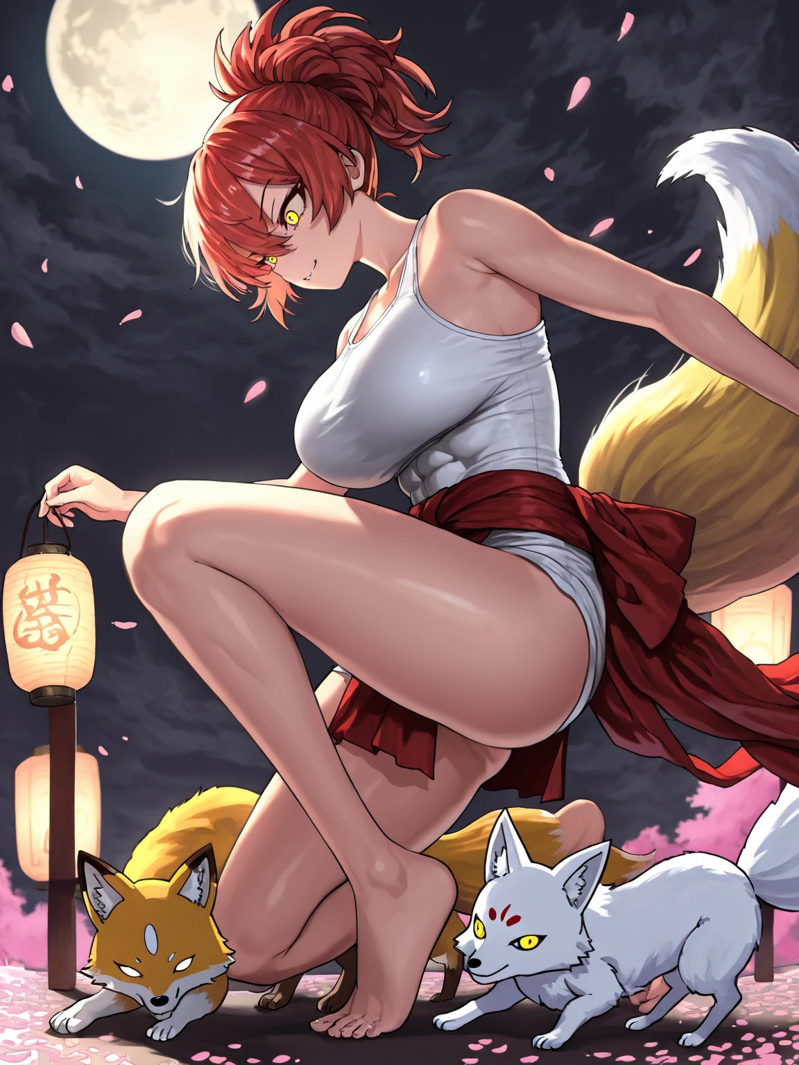 White skin, (Fox ears), Exquisite eyes,Red Eyeshadow, Red lips,Black shorts,Fake laugh, Ukiyo-e, masterpiece, high quality, at the lowest limit, Tiny,White boots,Huge breasts,Bare shoulders