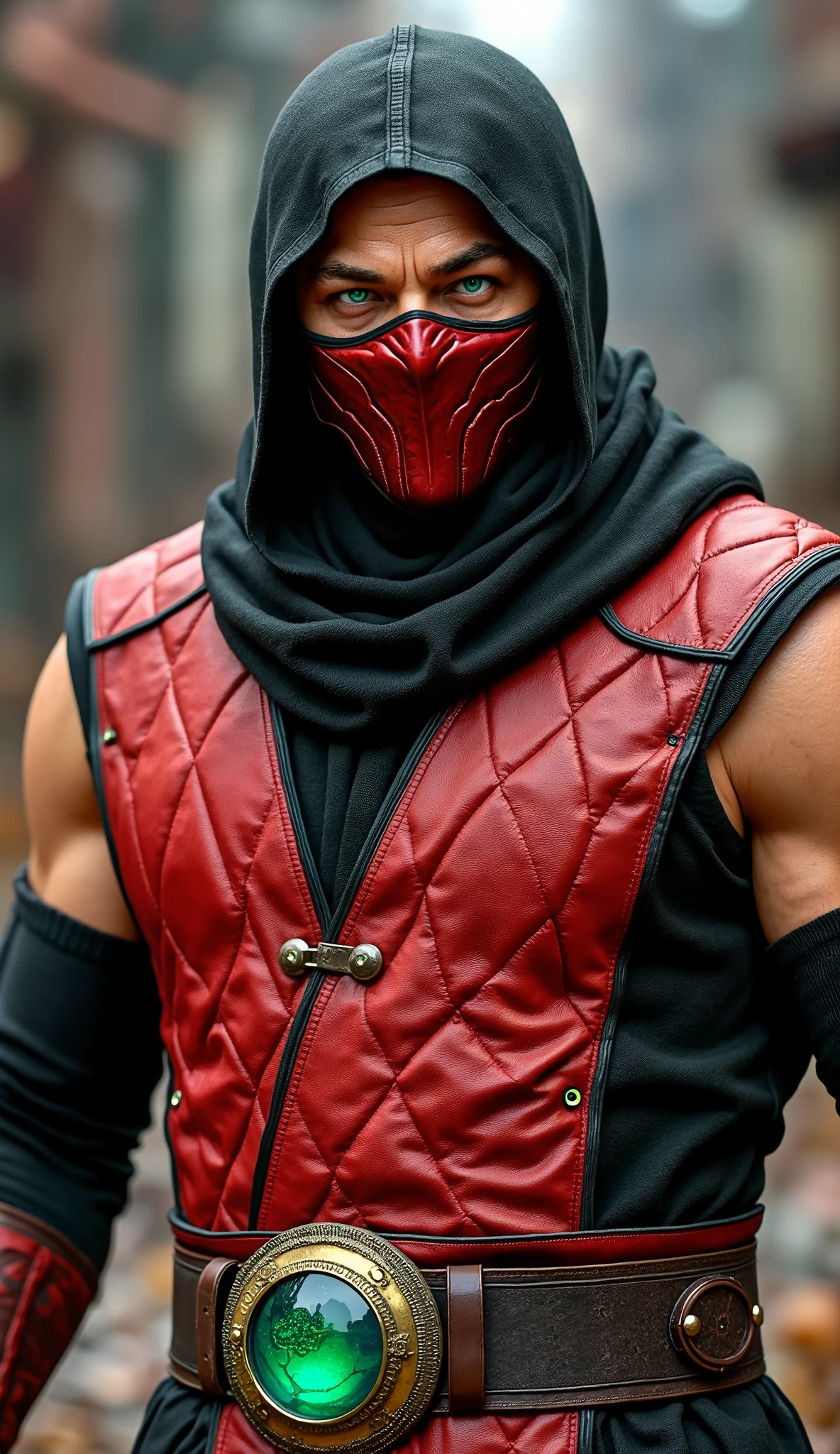 Leonardo DiCaprio as Ermec Demortal Kombat
The character is in a combat pose, with a muscular body in evidence. He wears a modern ninja costume with a futuristic and martial touch. The vest is padded in vibrant red with a diamond texture, creating an effect of imposure and depth. The costume is finished in black, adjusting perfectly to the body and highlighting the wrestler's athletic shape.
mask (como solicitado):
The mask is made of dark red metal, with an intense shine and polished iron texture. The material subtly reflects light, visual, indicating its hyper-realistic composition of brushed steel with matte finishes and slightly scratched areas, revealing that it has already been used in battle. The design of the mask is anatomical, fitting perfectly to the face, cobrindo o nariz, a boca e o queixo. The edges are reinforced with black metallic lines that add robustness to the.
Olhos:
The eyes shine in neon green, with a supernatural and penetrating shine, contrasting strongly with the dark tone of the metallic mask.
belt:
The belt is decorated with a circular emerald green jewel that seems to emanate energy. It is fastened by a gold buckle with blue, details that gives an air of mystical power and royalty to character.
Accessories and other details:
He wears black wrist protectors and has a raised arm, in attack position, with raised veins, reinforcing her physical strength. The black stripe that emerges from the back of the mask rocks in the wind, adding dynamism to the pose .