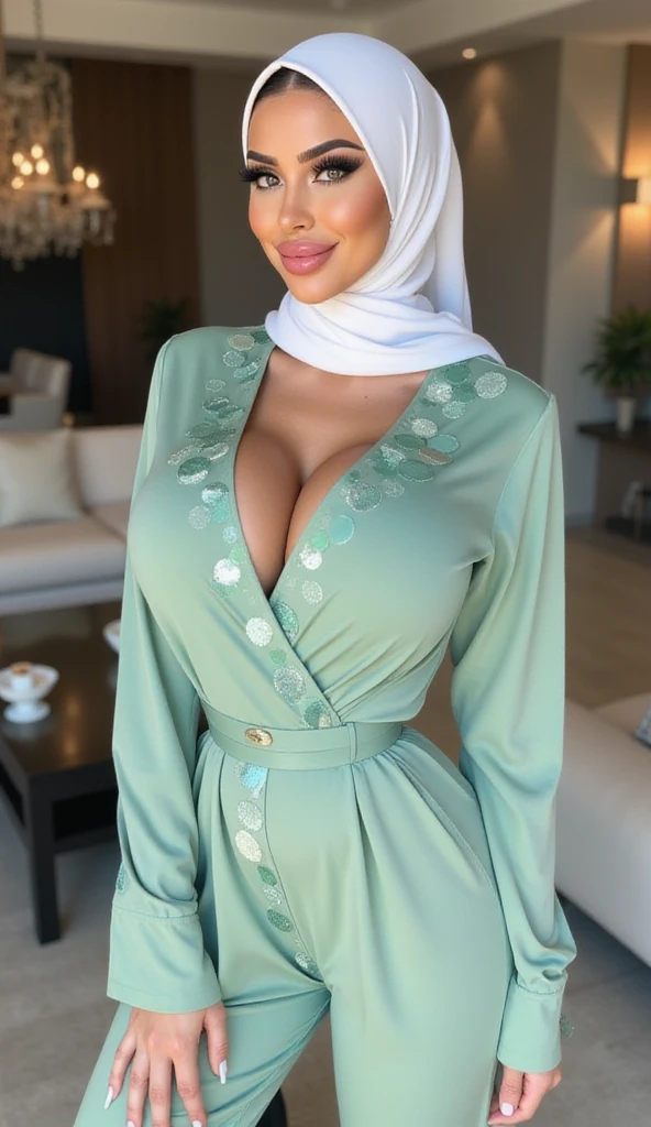 RAW, Best quality, high resolution, masterpiece: 1.3), beautiful Malay woman in hijab,Masterpiece, perfect slim fit body, (Huge breast),big gorgeous eyes,thick thighs,Soft smile, Delicate turtleneck print peplum dress, necklace, shairband, afternoon walk, City garden, Excellent lighting, Bright colors, Clean lines