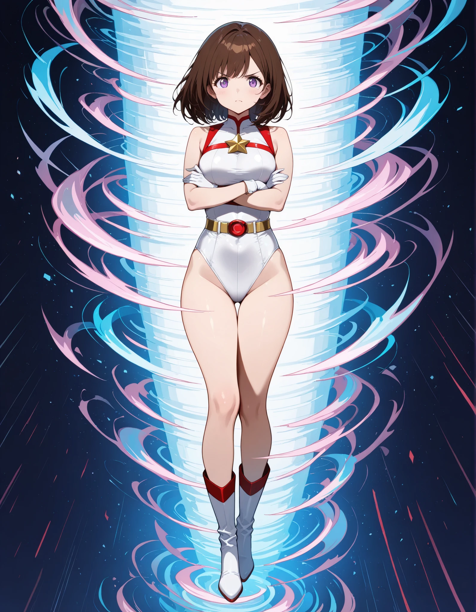 ((masterpiece)). ((best quality)), ((highres)), 1girl, solo, short hair, brown hair, purple eyes, (full body), dynamic spinning pose, (sleeveless white and red leotard with yellow accents and star emblem embedded in chest area), (matching white gloves), ((bare legs)), superhero, tokyo city backdrop, matching boots, medium breasts, 20 age, super speed, time travel, whirlwind particles, powering up, tornado wind particles, super spinning powers,