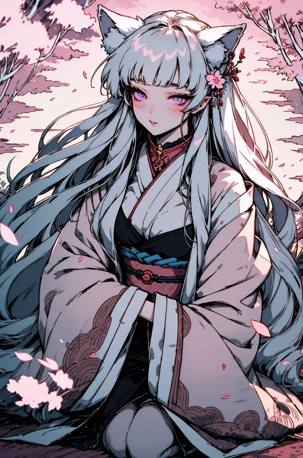 masterpiece, best quality,1girl,  long white hair, long hair, white hair, chalk white skin, pale skin, moonlight, river, moonlight on river, red markings, pale green eyes, floating, spirit, ghost, beautiful girl, low exposure, pale green eye color
