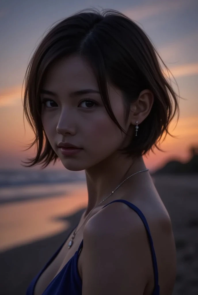 One Girl,(1人のとてもcute女の子:1.3),masterpiece,Highest quality,High resolution,From below,Low - Angle,Photorealistic,RAW Photos,Ray Tracing,Physically Based Rendering,beautiful girl,(15 years old:1.3),cute,Big eyes,(detailed pupils:1.2),(The face is facing straight ahead:1.3),Body facing forward,Beautiful nose,High nose,Upturned nose,Fuller lips,Short black hair,ponytail,short hair,Detailed eyelashes,Thin eyebrows,Very fine grain definition,(Symmetrical eyes,Golden Ratio:1.3),(Face close-up,Face Focus:1.0),Small breasts,Short neck,White swimsuit,White Bikini,The background is the sea,Southern Island,sunset,Sunset,Portrait,View Viewer,Upper Body,Cinema Lighting,High resolution,Very detailed