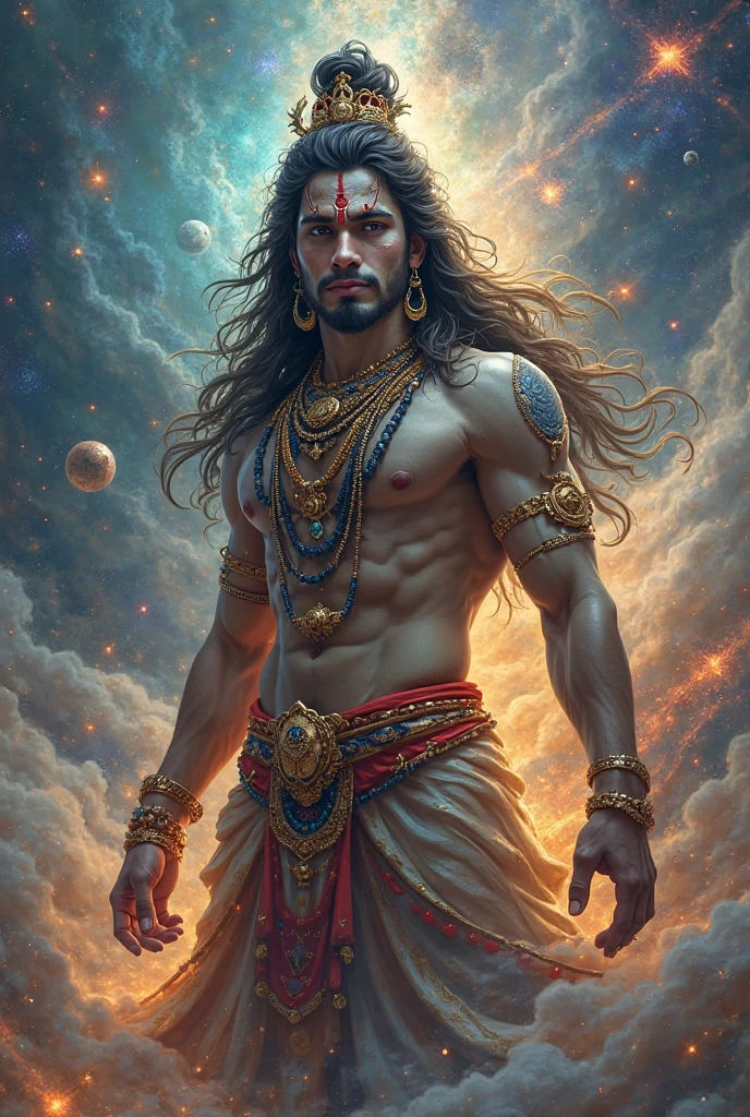 Create an epic and breathtaking 3D rendering of a mythical god. Portray the god holding the sun and the moon, enveloped by a radiant aura. Seat them on a magnificent throne within a cosmic backdrop, surrounded by the splendors of the universe. Pay meticulous attention to stunning details and achieve a 64K resolution for an immersive and realistic visual experience. Let your artwork capture the essence of myth and wonder, leaving viewers in awe of its beauty and power.