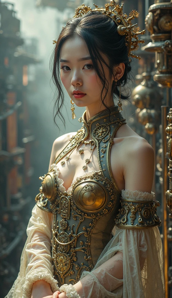 (masterpiece:1.2), Super detailed, Ultra-high resolution, (Realistic, photo Realistic:1.37), High-definition RAW color photos, Professional photos, Very delicate and beautiful, Very detailed, 8k wallpaper, wonderful, In detail, Large file size, Very detailed beautiful girl, Very detailed face, Very detailed eyes, Very detailed skin, Very detailed fingers, Very detailed nose, Very detailed mouth, Perfect Anatomy, Very detailed背景, (Famous Japanese actresses:1.2), (Improve:1.1), (Flat Chest:1.6), Dynamic Lighting, (steampunk:1.45), whole body, (Kimono with dragon embroidery:1.1), (steampunk city:1.45), Exposing shoulders, (Dynamic pose:1.1), (Sitting:1.2),