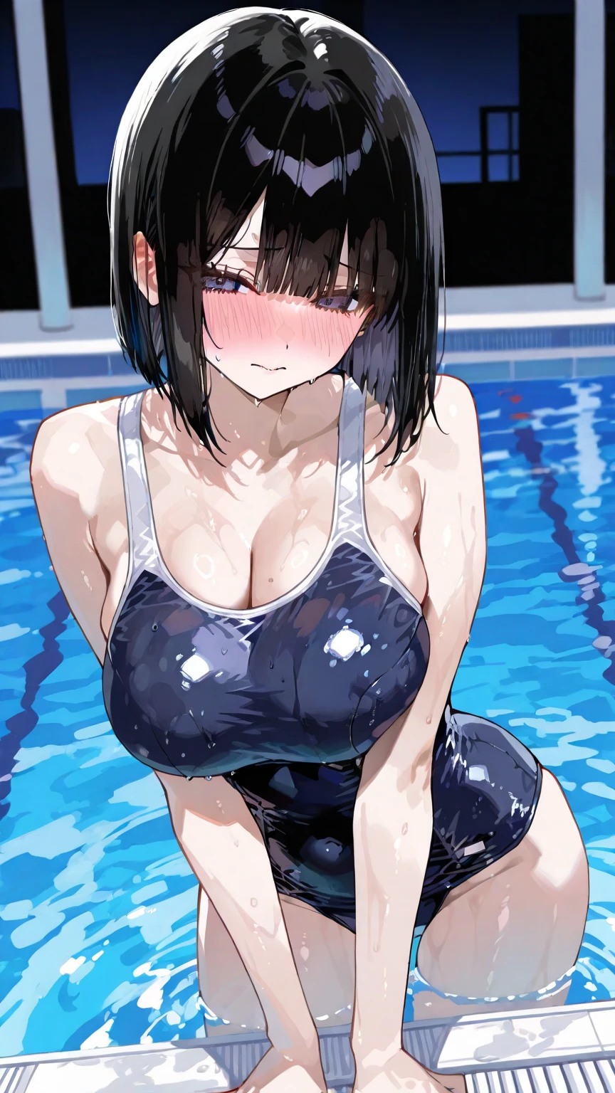1 girl, watery big eyes*Su Jiushui*Wet hair*hair open*ear studs*swimmingpool>,, Low RA:Add to_the detail:1，One-piece swimsuit，humongous large breast
