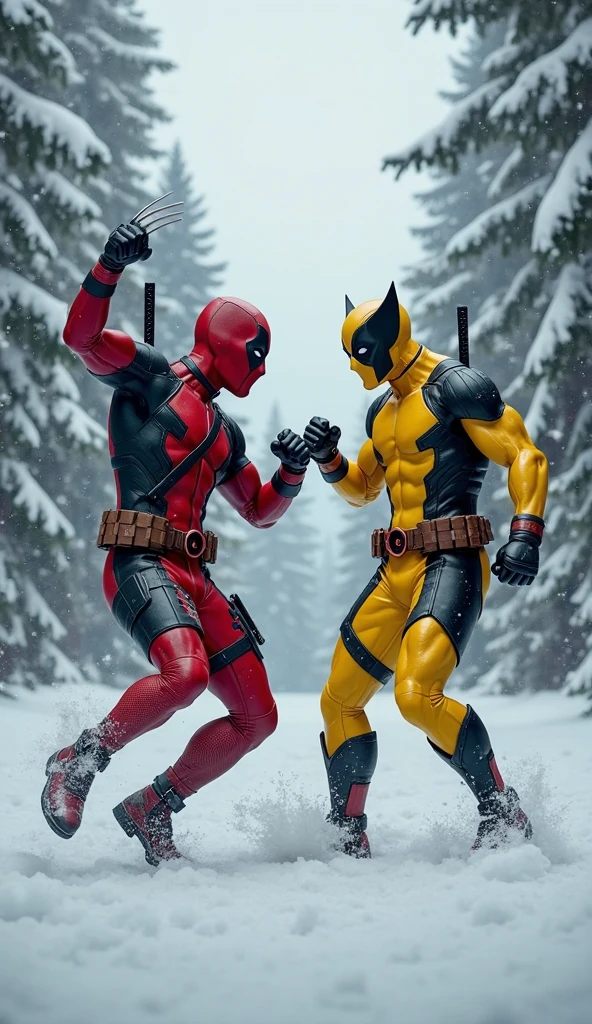 Deadpool & wolverine with a snow blood background 