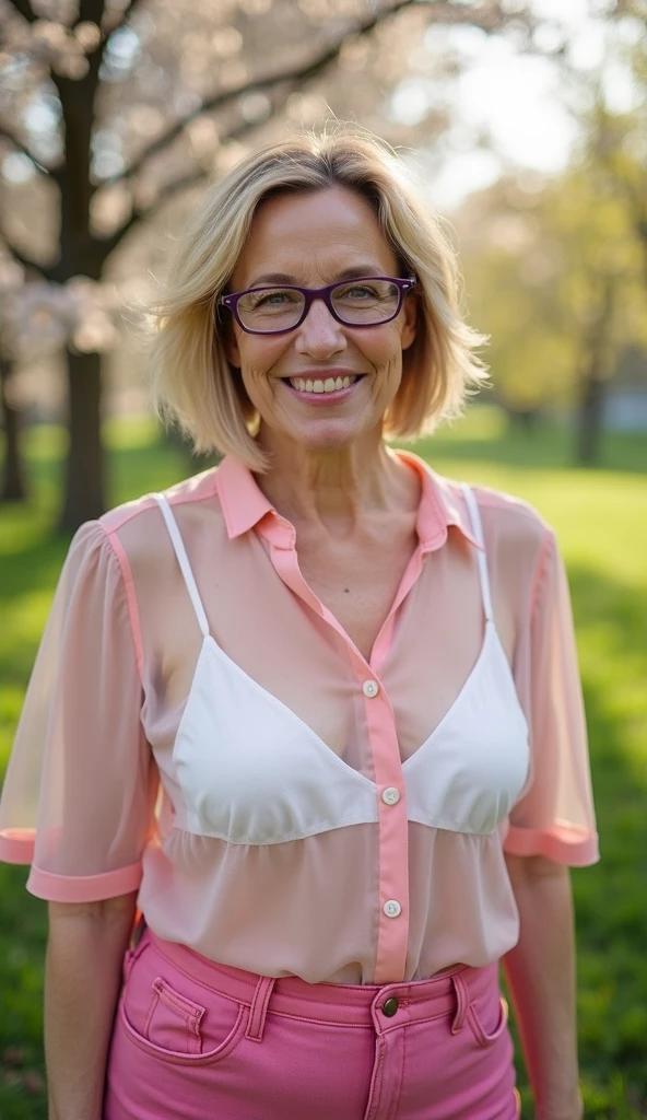 very old woman, mouth wide open, spectacles, lots of blemishes, full, pouty lips, red lipstick, wrinkly skin, facial ageing, loose skin, blonde, bob hair, pretty, sexy, face, full body shown, vintage, white old fashioned underwear, visible, bags under eyes, frowning, angry, violent