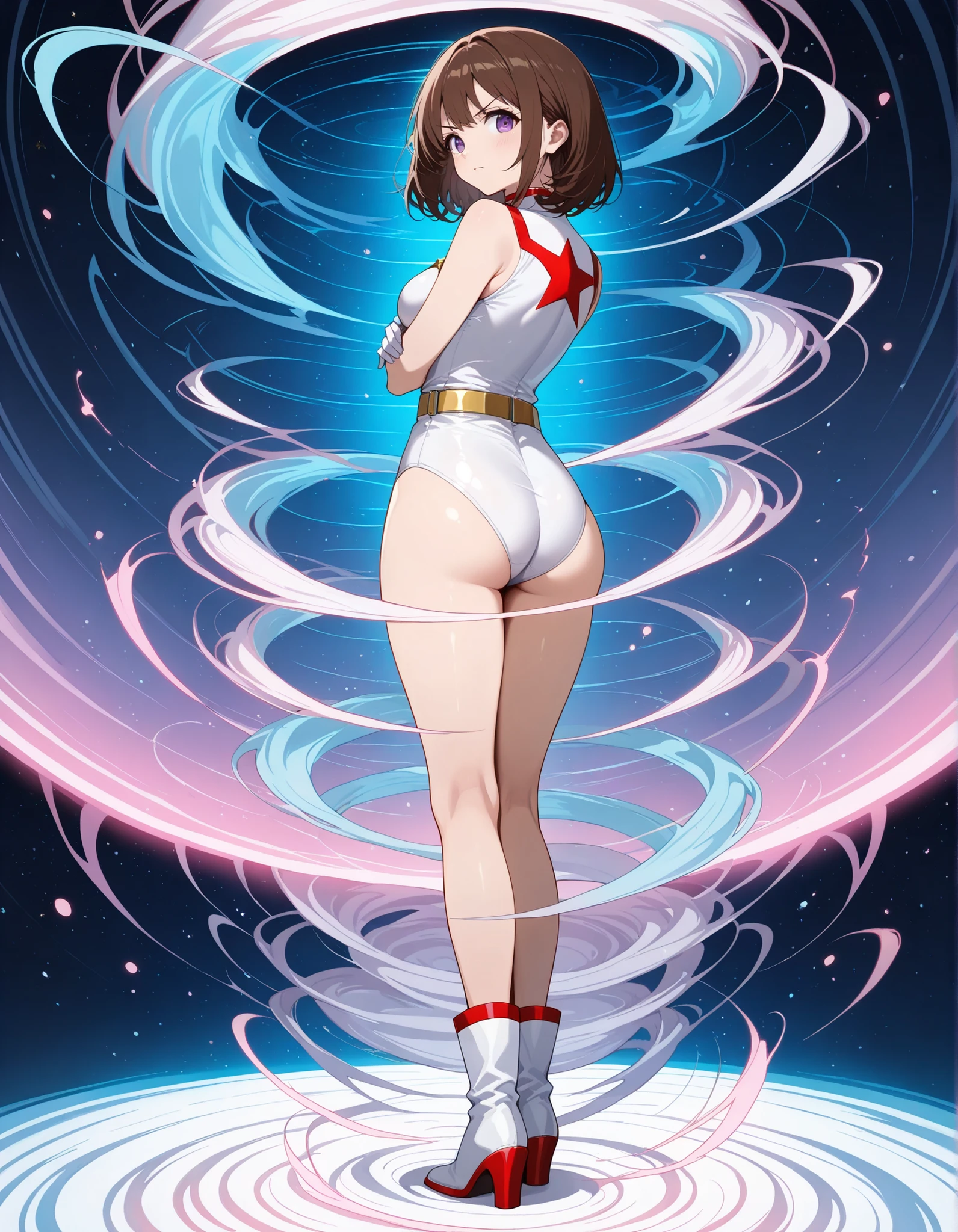 (Perfect body),Best Quality,16 K、((((adult  woman))))、(bunnygirl)、Rabbit ears、(white  leotard)、One eye is closed、(((blush)))、:D、I have my mouth wide open、Tsuriformes、(short-hair)、(((Forehead)))、(Brown eyes),((Brown hair)),(Sweat)、((Big ass))、((huge-breasted))、(((thick thighs)))、Armpits、spreading legs、Electronic space、