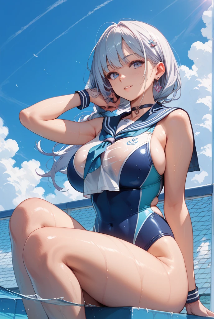 （（masterpiece））,（（face focus））,（dynamic pose）,Dive from the diving board into the pool,BREAK （（（see through）））,（（white sailor swimsuit））,（small breasts:1.1）,15 years old,glasses,short hair, （silver hair）,hair blowing in the wind,（troll face）, aqua eyes,BREAK,summer,fantastic sunshine,Sun light,big splash