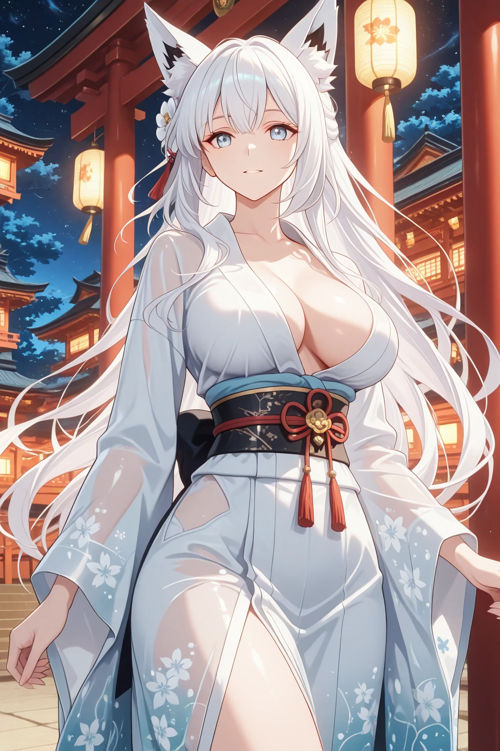 a young silver haired woman with green eyes with an hourglass figure in a conservative traditional kimono is exploring the temple during a festival