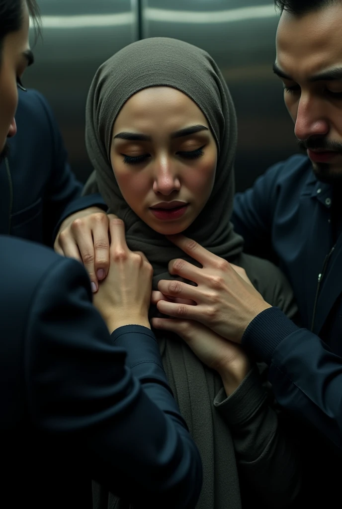 Black headscarf on a very crowded bus, white long sleeve t shirt,Sexy skinny woman in baggy grey sweatpants sitting between 2 men. Men touching women.(woman crying) 