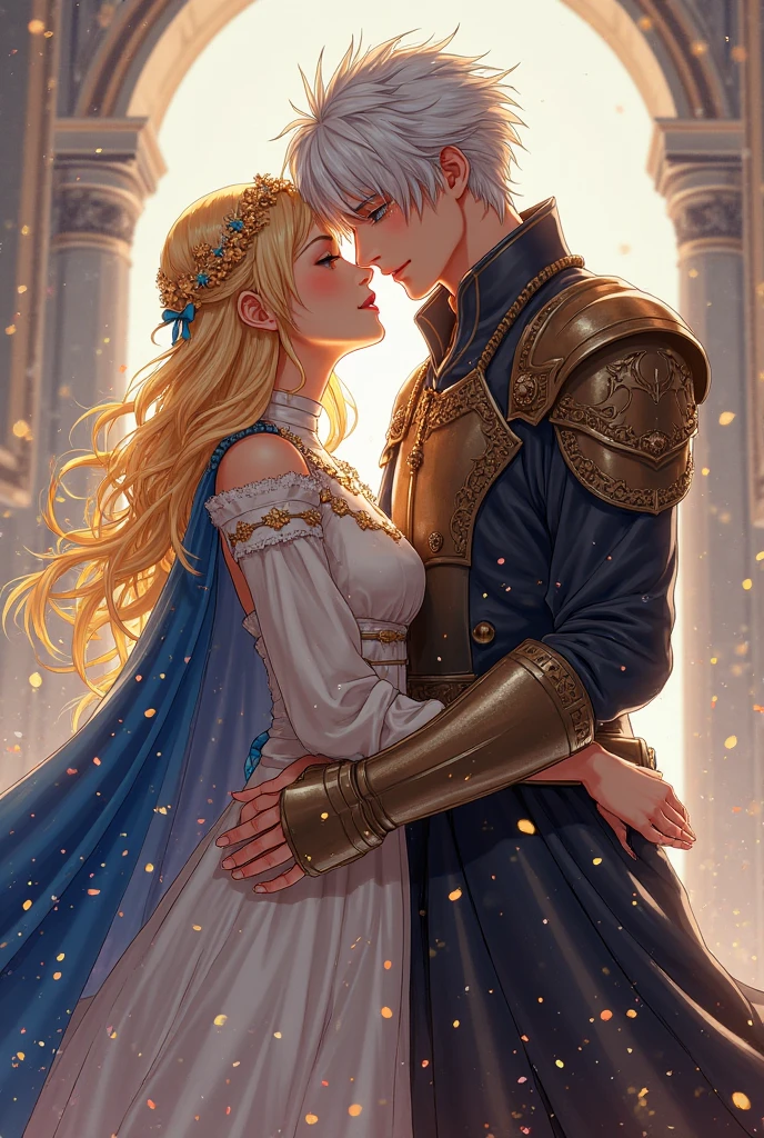 A tall, handsome, statuesque, courageous young man is a platinum blonde, dressed in an ancient military uniform, he has armor, long straight platinum hair, blue eyes, tanned skin, he hugs an incredibly beautiful young fatal blonde with blue eyes, dressed in a luxurious princess dress, she has long golden hair, long bangs, the tiara. They're in love. Masterpiece, beautiful face, beautiful  features, perfect image, realistic photos, full-length image, 8k, detailed image, extremely detailed illustration, a real masterpiece of the highest quality, with careful drawing. glow. In full growth.