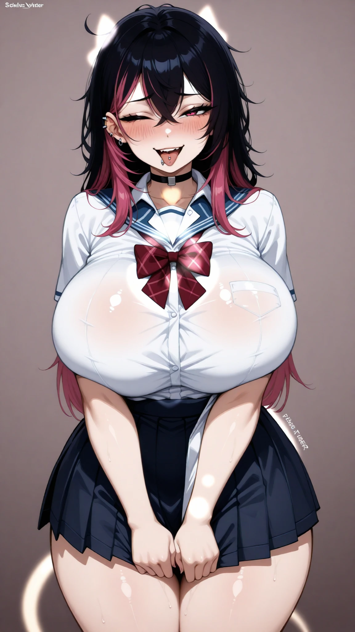 (score_9, score_8_up, score_7_up,(masterpiece,best quality, high resolution,8K,very athletic,(hetero:1.3),anime cels style,anime screencap)),(white background),(simple background),tamakikousaka,NSFW, (super ginormous breasts),(huge areolae),(gigantic erect nipples),(dripping nipples lactation:1.5), standing, solo, School_uniform_White_shirt_Red_sailor_collar_Red_skirt_Red_bowtie_white_thighhighs, detailed face, detailed eyes, highres,