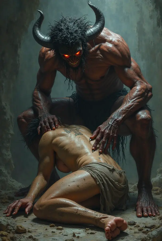 (duo), male anthro bull and female human, by dan mumford, female penetrated, vaginal sex, detailed beautiful eyes, romantic, detailed hands, missionary position, cave