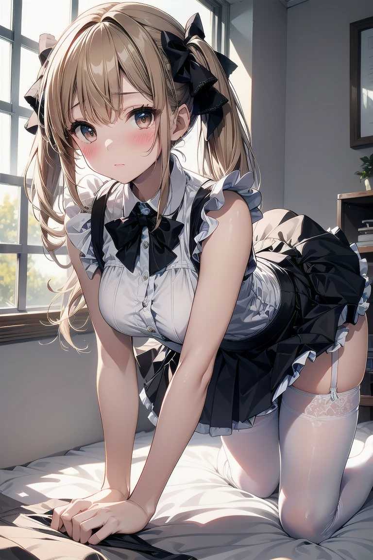 the woman is wearing a Maid clothes standing up on the floor, solo, panties, underwear, skirt, lacy light blue panties, side-tie panties, satin panties, lying, thighhighs, garter belt, skirt lift, realistic